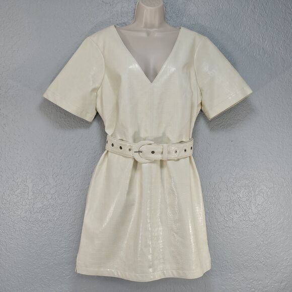 Cinq a Sept Abytha Belted Faux Leather Mini dress in Alabaster Size 14 - Picture 3 of 11